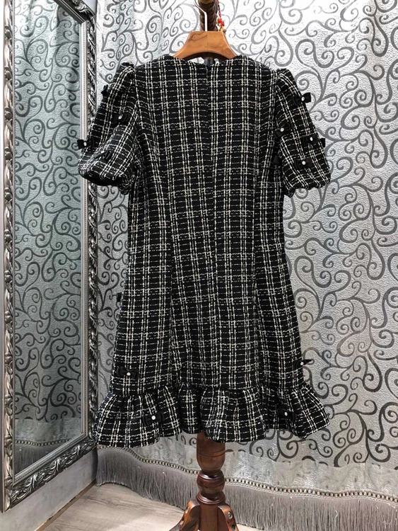 

2020 Fashion New Women's V-neck Woolen Material Woven Decorative Bubble Short Sleeve Skirt Dress 1008