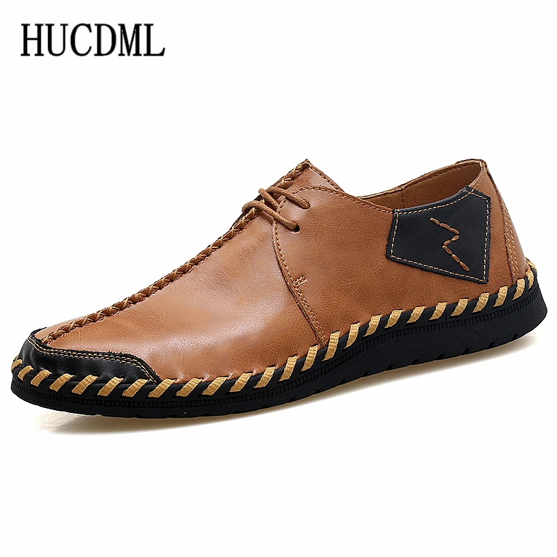 

HUCDML Genuine Leather Hand Stitched Men Shoes Male Loafers Lace-Up Casual Shoes Moccasins Big Size 38-47 Man Flats Shoes