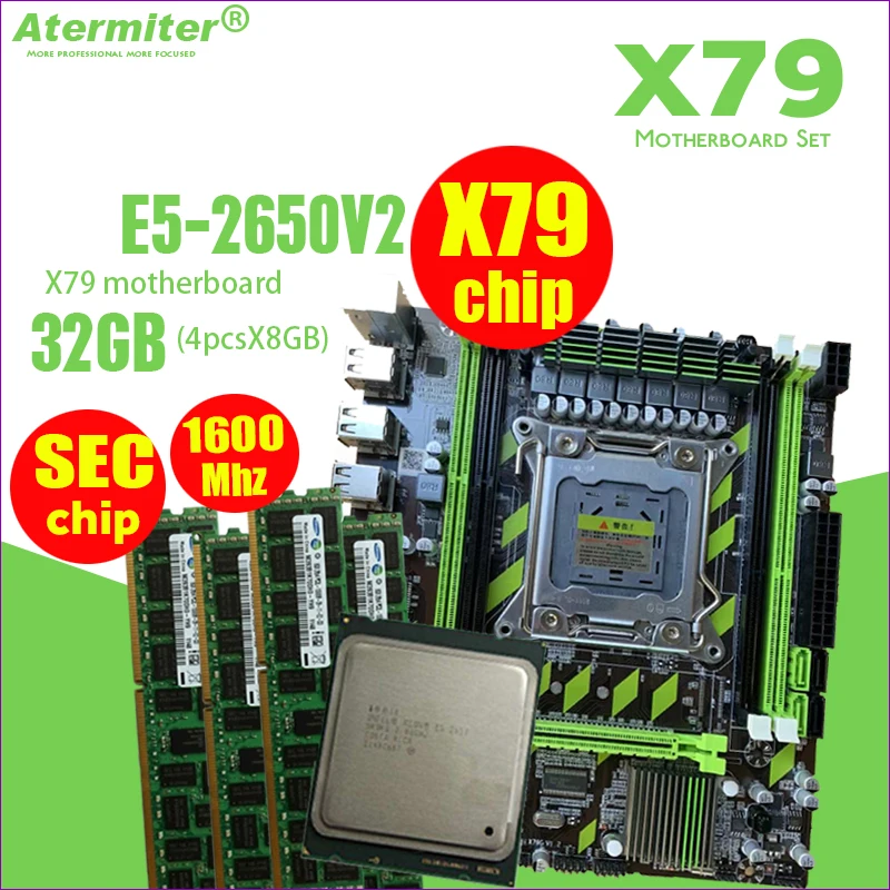 Atermiter X79 X79G материнская плата LGA2011 мини-блок питания ATX комбо E5 2650 V2 Процессор 4 шт х 8 ГБ = 32 Гб DDR3 Оперативная память 1600 МГц PC3 12800R