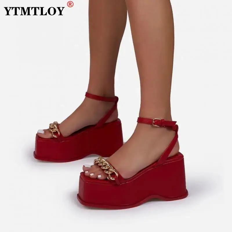 

New Summer Wedges Sandals Fashion Platform Heel for Ladies Chain Comfort Female Outdoor Footwear Peep Toe Casual Sexy Red Black
