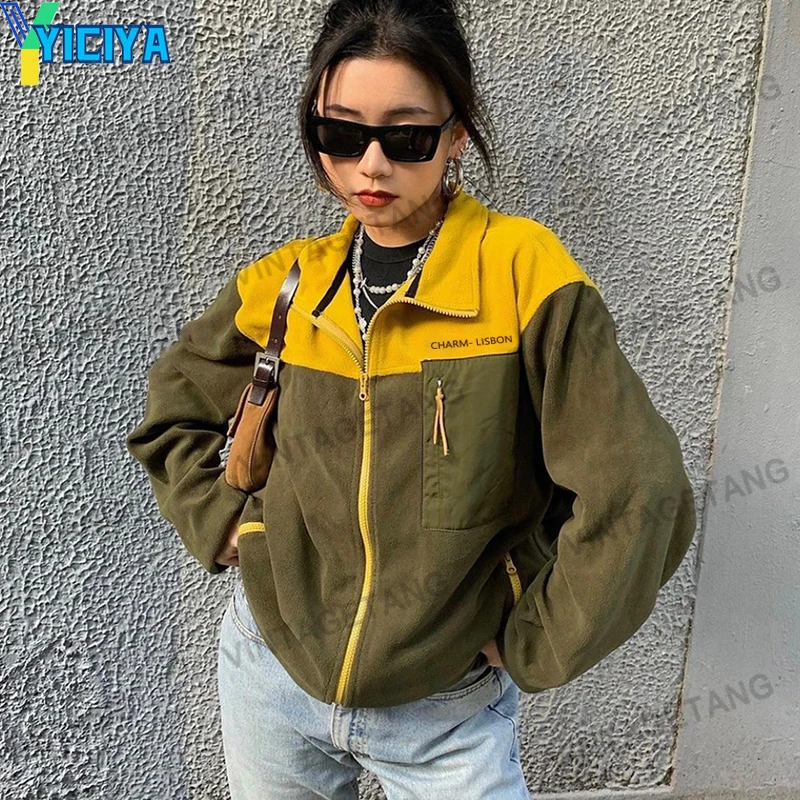 

Female Bomber Jackets Vintage Jackets American Retro Olive Green Color Matching Lamb Wool Jacket Female Tide Ins Jackets 2021