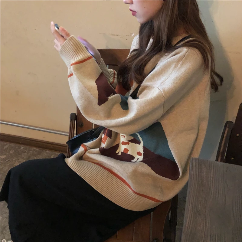 

Fashion O-neck Pullovers Sweater Women Loose Jacquard Cartoon Girl Knitted Sweaters All-match Long Sleeve Korean Tops