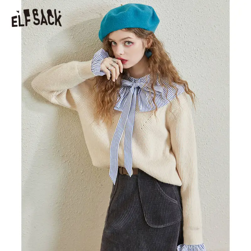 

ELFSACK Solid Bows Tie Front Casual Knit Basic Women Pullover Knitwear Top,2021 Autumn Vintage Colorblock Korean Daily Sweaters