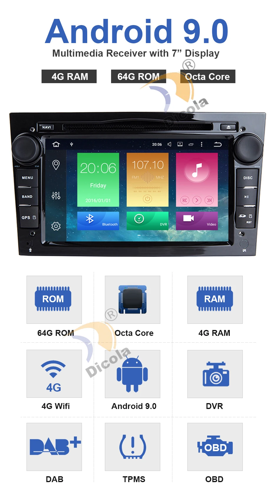 7 дюймов ips, Octa Core, 4 Гб+ 64G android 9 автомобильный dvd для Opel Meriva birtha Zafira Veda Agila Corsa Vectra Astra H 2006 2007 2008 2009
