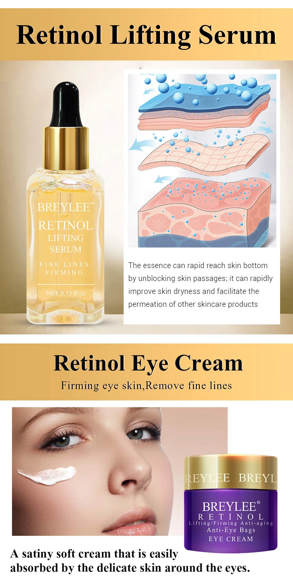 Breylee Retinol набор Антивозрастная укрепляющая сыворотка для лица крем для глаз крем для лица для удаления тонкой линии морщин подтягивающий увлажняющий уход за кожей