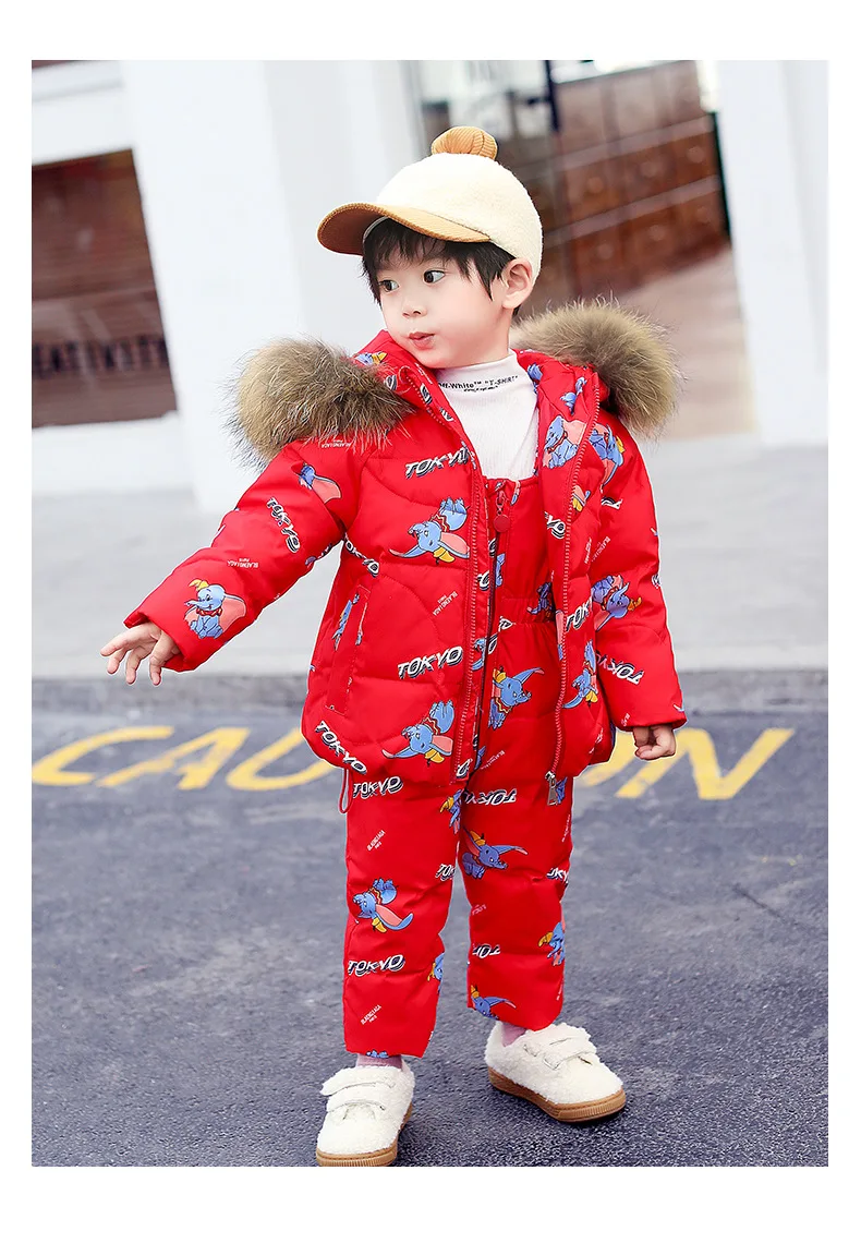 Winter children's down suit Girls pink snow suit Boy ski down suit Baby windproof down jacket+ thick Keep warm down pants