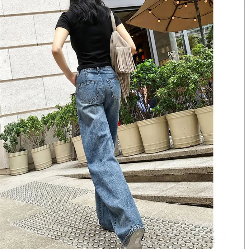 Женские повседневные джинсовые брюки женские широкие с высокой талией свободные