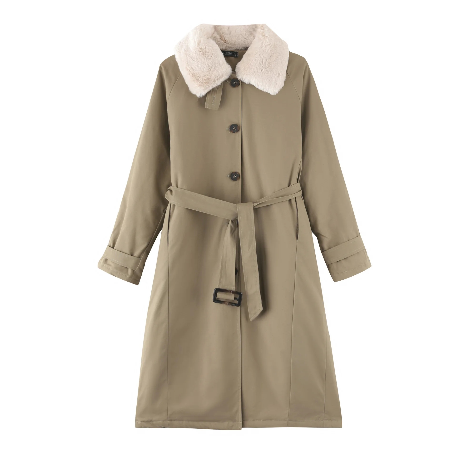 

Women's Long Coats Rabbit Fur Trench Casual Style Overcomes with Blet Temperament Winter Coats Female Khaki Wide-waisted Parka