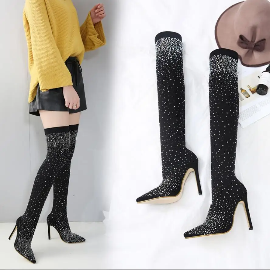 JX18 2019 Fashion Runway Crystal Stretch Fabric Sock Boots Pointy Toe Over-the-Knee Heel Thigh High Pointed Woman Boot | Обувь