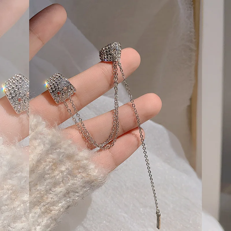 

1PC Trend Fashion Geometric Full Crystals Clip Earrings For Women Simple Fake Cartilage Long Tassel Ear Cuff NO Piercing Jewelry