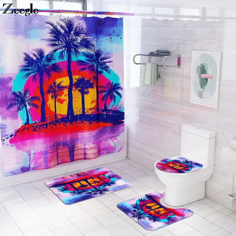 

Bath Mat and Waterproof Shower Curtain Set Watercolor Coconut Printed Toilet U-Shaped Foot Mat Bathroom Rug Set Washable