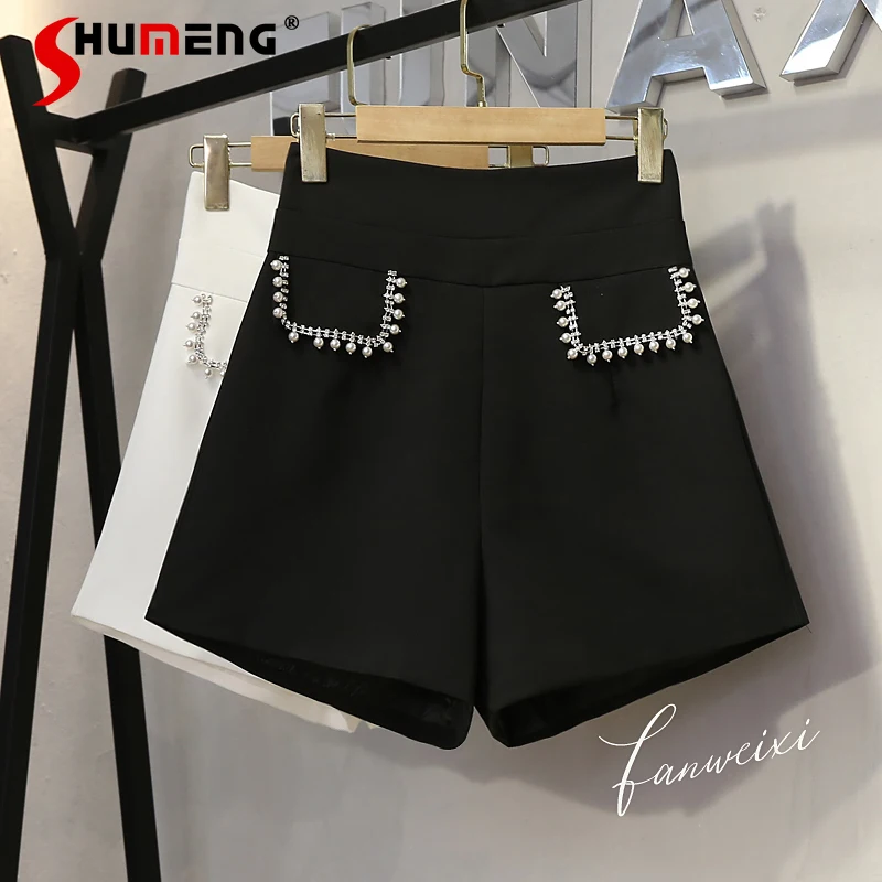 

2021 Summer New Diamond Beaded Wide-Leg Pants for Ladies Solid Color High Waist A- line Loose Casual Shorts Female