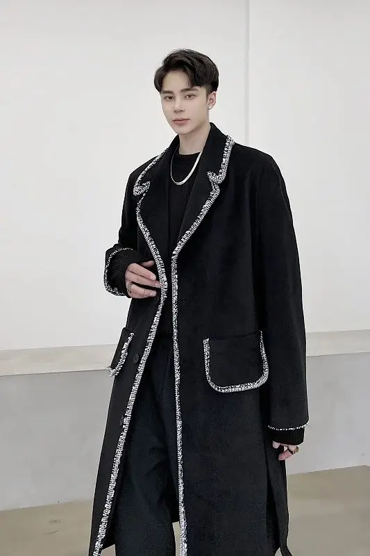 

IEFB 2020 autumn witner high quality black doubel side woolen coat for men color block loose big size tweed clothes male 9Y4751