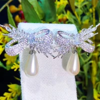 soramoore new romantic shiny bowknot pearl drop earrings cubic zirconia women wedding trendy earrings bijoux high quality trend