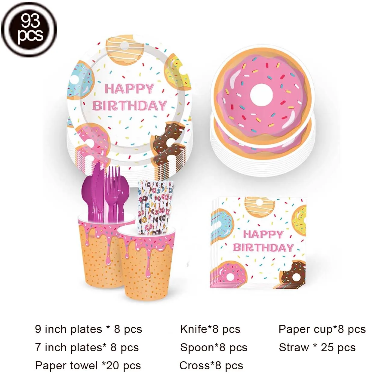 89pcs Birthday Donut Party Tableware Kit Doughnut Plate Cup Straw Napkins Spoon Forks Knife Baby Shower Parti Favors Supplies images - 6