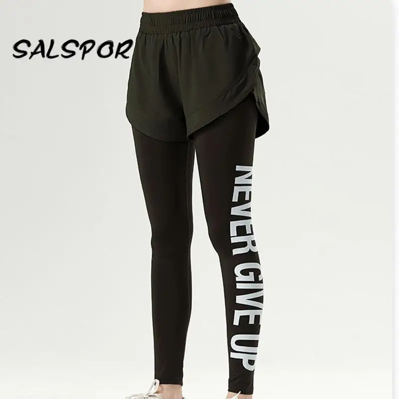 

SALSPOR Fake Two-Piece Leggings Women Sport Letter Printed Legging Fitness Running Tights Pencil Pants High Waist Active Wear