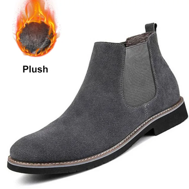 grey fur Мужские ботинки челси; большие размеры 38-45; ботильоны; Модный фирменный дизайн; кожаные качественные слипоны; мотоциклетные ботинки; мужские теплые плюшевые ботинки - Цвет: grey fur