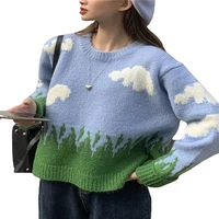 women casual crew neck loose sweaters long sleeve cloud grass print knit pullovers autumn fashion sweaters
