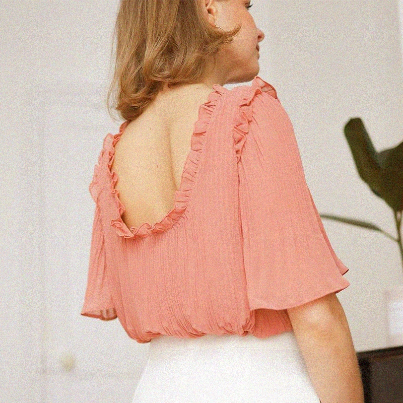 

Blush Femme Blouse plissée à manches courtes Ruffled Pleated Loose Flare Sleeve Shirt Elegant Retro Chic Hauts Top Women