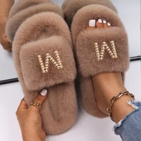 fluffy slippers flip flops ladies pearl letter faux fur slides platform sandals designer slippers for women luxury winter shoes