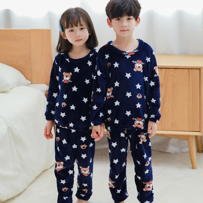 

Winter Homewear Kids Pijamas Flannel Warm Fleece Thicken O-Neck Cartoon Kids Boutique Clothing Wholesale Boy Girl Homewear