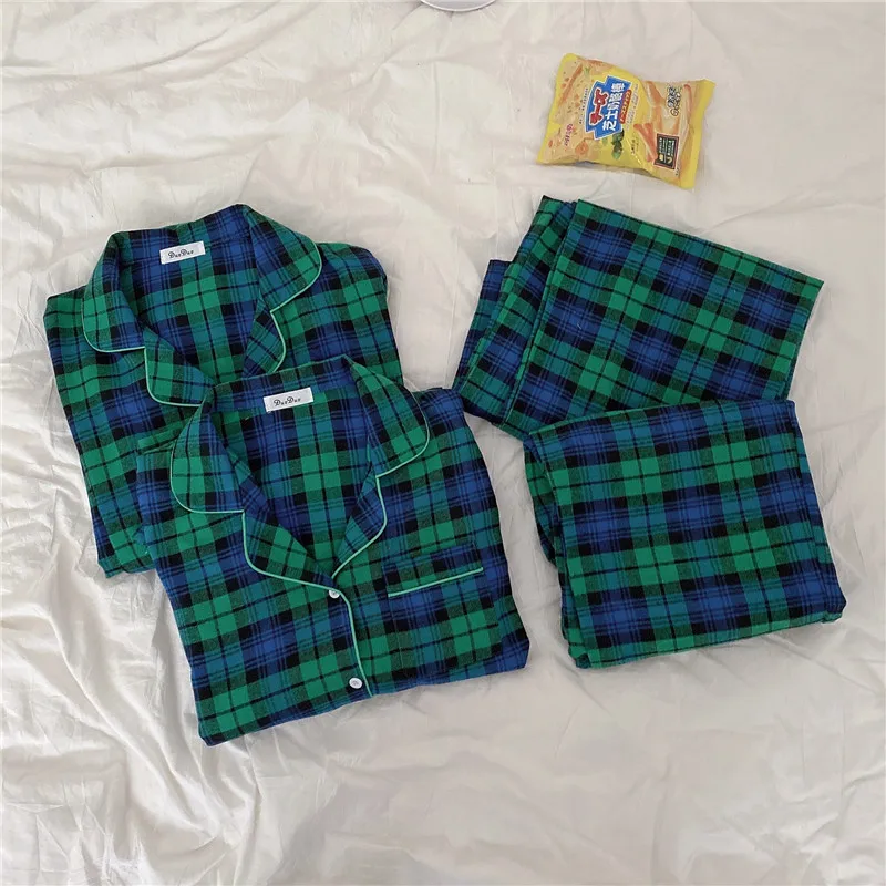 

CBAFU sanding cotton plaid couple pajamas set women men sleepwear autumn winter homewear shirts pants 2 piece set trousers M685
