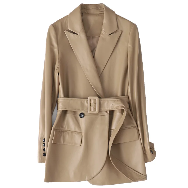 

Autumn Real 100% Sheepskin Medium Long Coat For Women Female Turn Down Genuine Leather Jacket Adjustable Waist Size M L XL