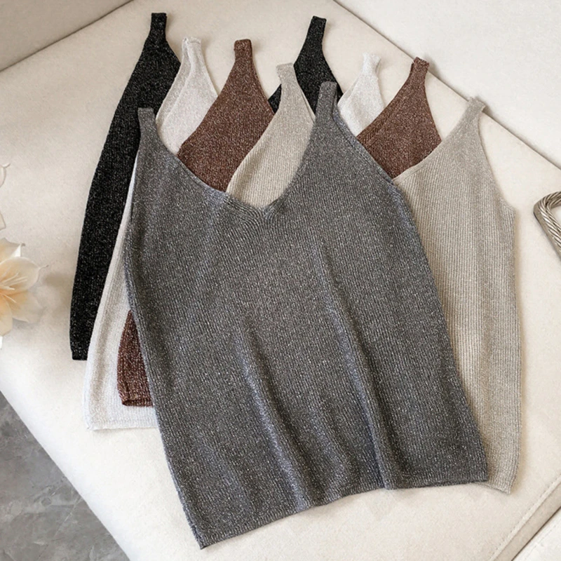 Women Sleeveless Tank Tops Sexy Female V-Neck Knitted Camisole Club Girls Camis Thin Shiny Glitter Bling Knitting Crop Tank Tops images - 6