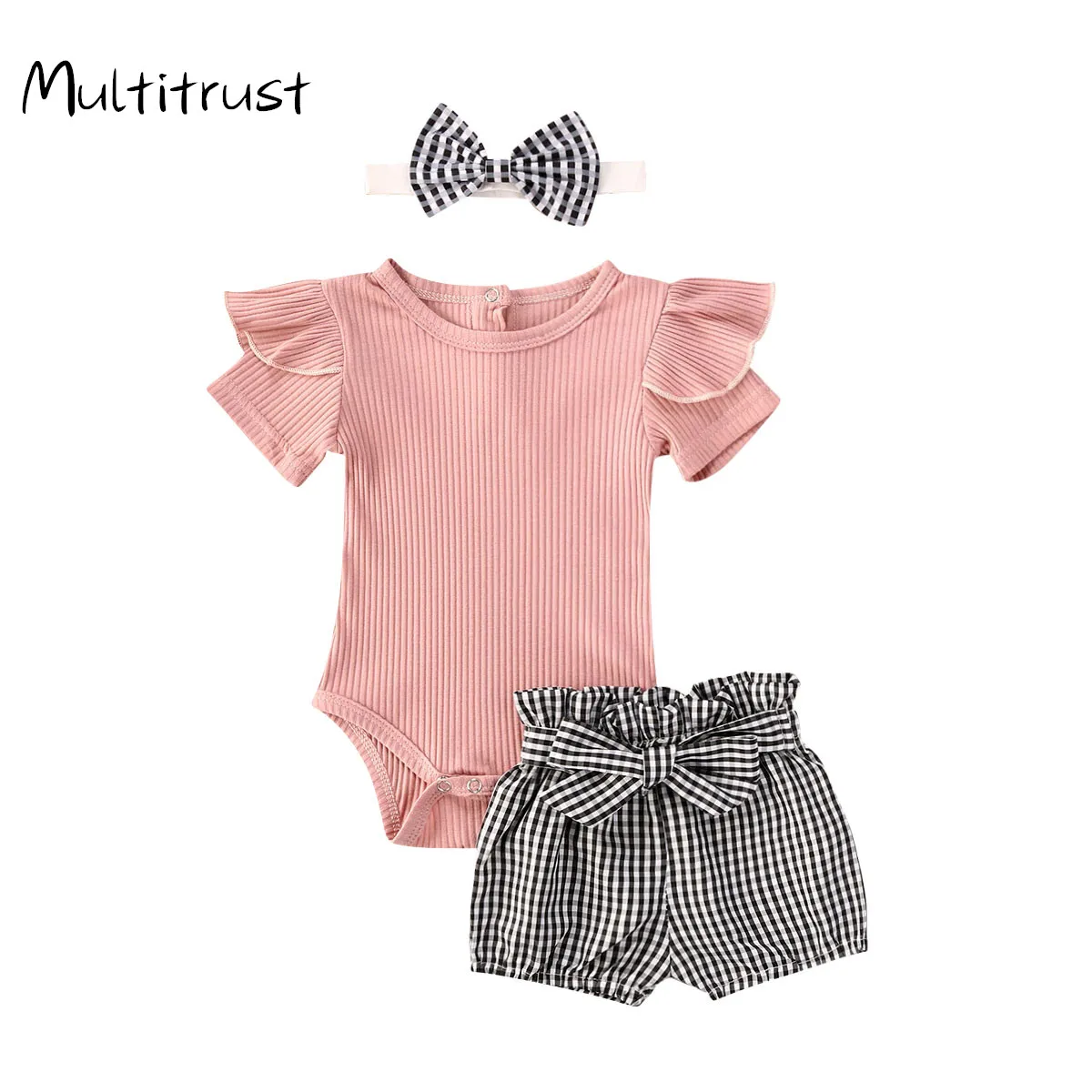 

Multitrust 2020 Baby Summer Cotton Clothes Toddlers Baby Girls Short Sleeve Rib-knitted Bodysuit Top+Plaid Shorts+Headband 0-24M