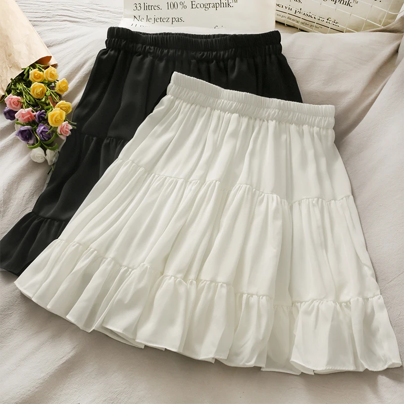 

Женская юбка-трапеция с высокой талией, повседневная Однотонная юбка с эластичным поясом, мини-юбка плиссе, летняя, юбка с оборками