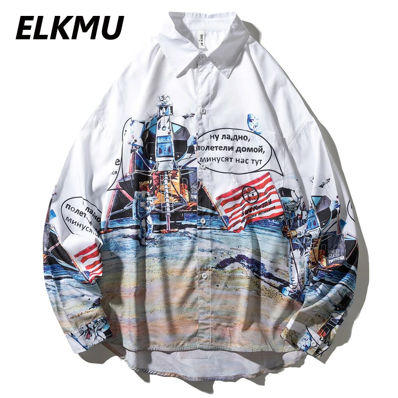 

Мужская рубашка с длинным рукавом ELKMU, в стиле Харадзюку, с космическим принтом, хип-хоп, повседневная, HE876