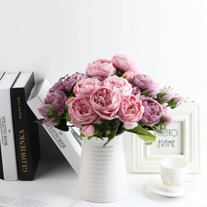 Искусственные цветы пиона 5 больших головок 4 маленьких бутона искусственные для