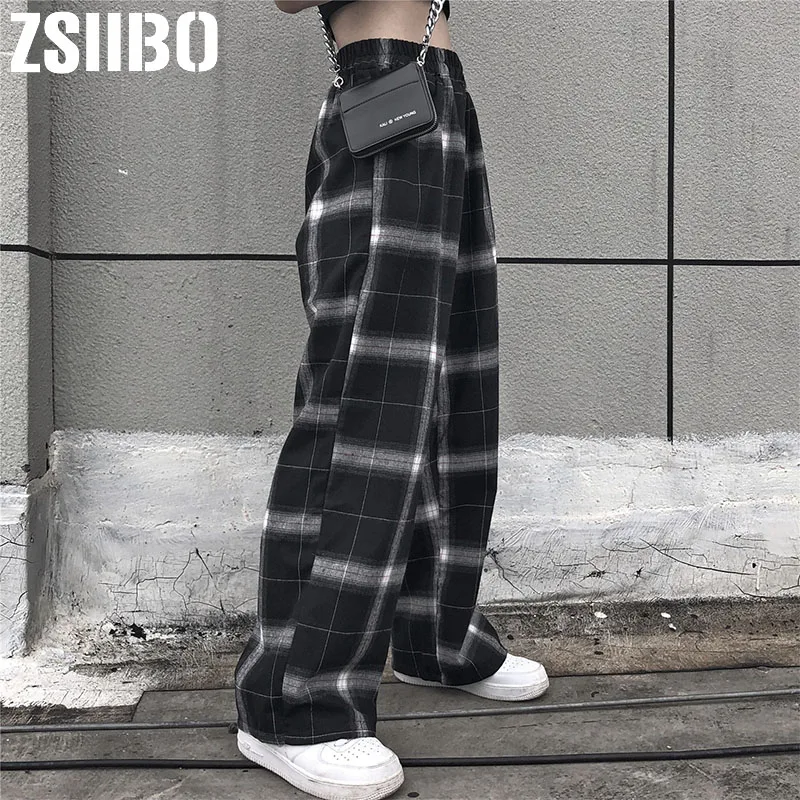 Брюки женские клетчатые с высокой талией повседневные свободные штаны в