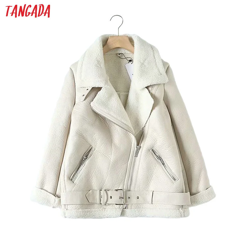 

Tangada Women beige fur faux leather jacket coat with belt turn down collar Ladies 2022 new Winter Thick Warm Oversized Coat 5B0