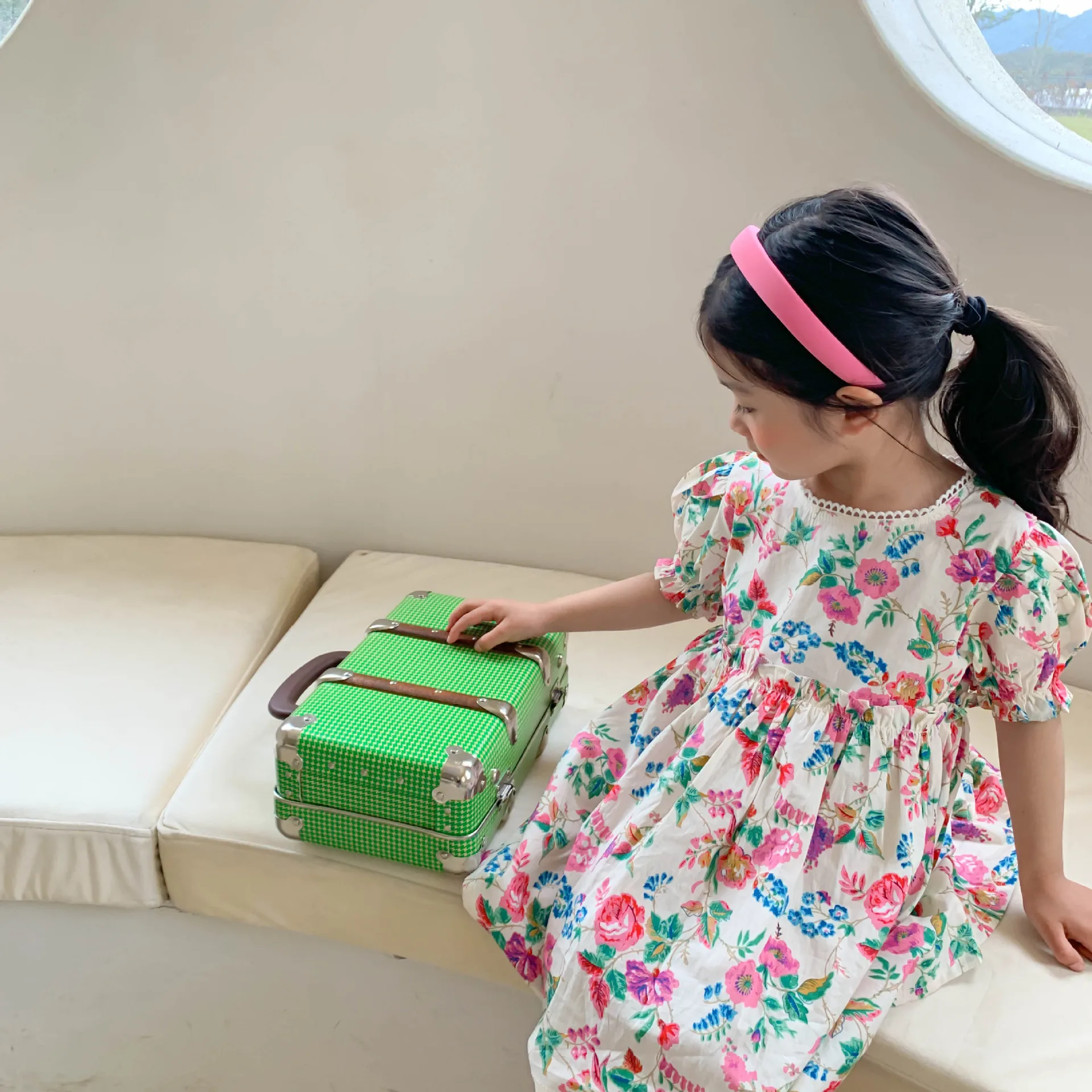 

7180 Girls Dress Flowers Print Kids Party Dress Short Sleeve Girls Summer Dress 1-7T Children Clothes Holiday Beach Clothes