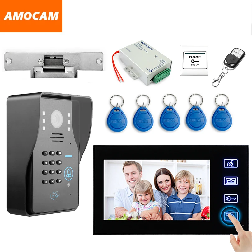 

7" Touch monitor Video intercom Door Phone Doorbell System Strike Lock +RFID Keyfobs + Exit + Remote Control visual intercom