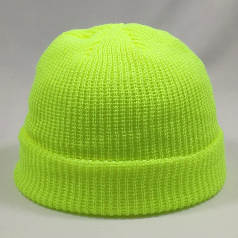 neon yellow Короткая дизайнерская теплая вязаная однотонная шапка для женщин и мужчин, вязаная шапка унисекс, модная хип-хоп шапка Skullies - Цвет: neon yellow