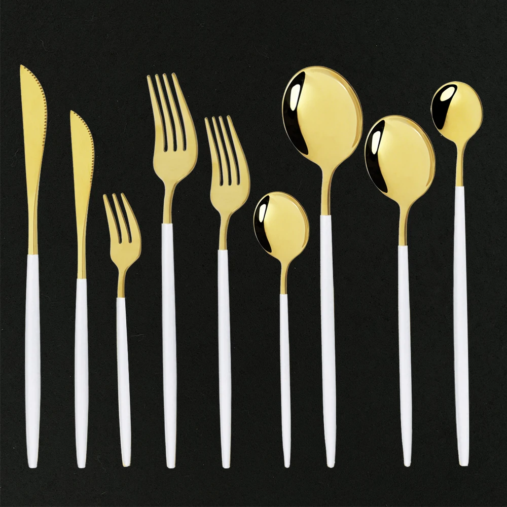 

White Gold 9Pcs Cutlery Set Western Stainless Steel Dinnerware Tableware Home Gold Spoon Fork Knife Kit Silverware Set