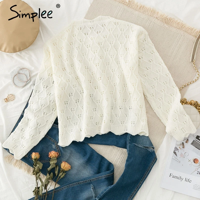 Simplee O-neck elegant white knitted women cardigan Long sleeve single-breasted female Casual autumn winter |