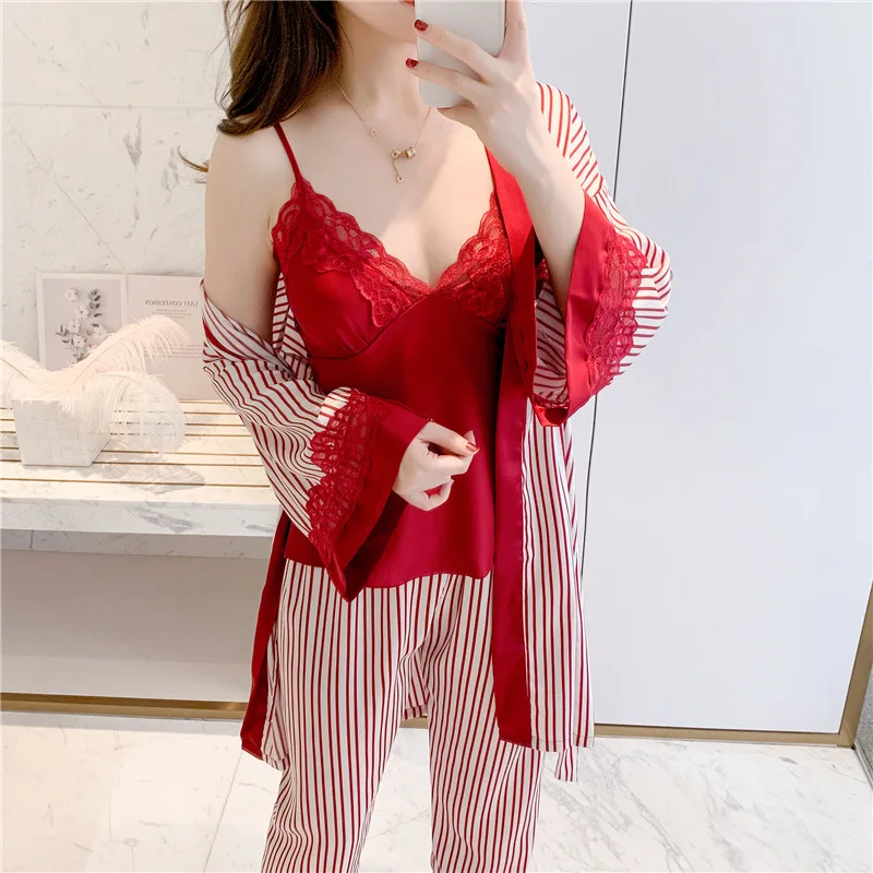 

Пижамные комплекты SAPJON из 3 предметов для женщин, сатиновая одежда для сна в полоску, женский халат, костюм, пижама, пикантная пижама с длинны...