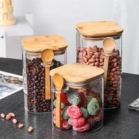 bamboo lid glass sealed cans with spoon coffee bean storage cans airtight bottle kitchen storage jar tea spice seasoning jars