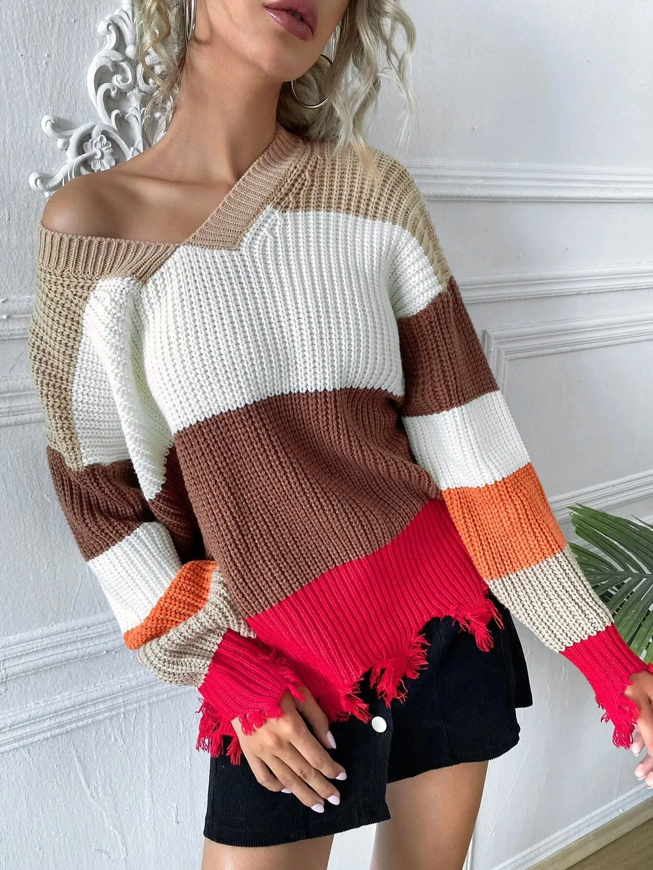 Осенний женский полосатый свитер с V-образным вырезом вязаный джемпер женские