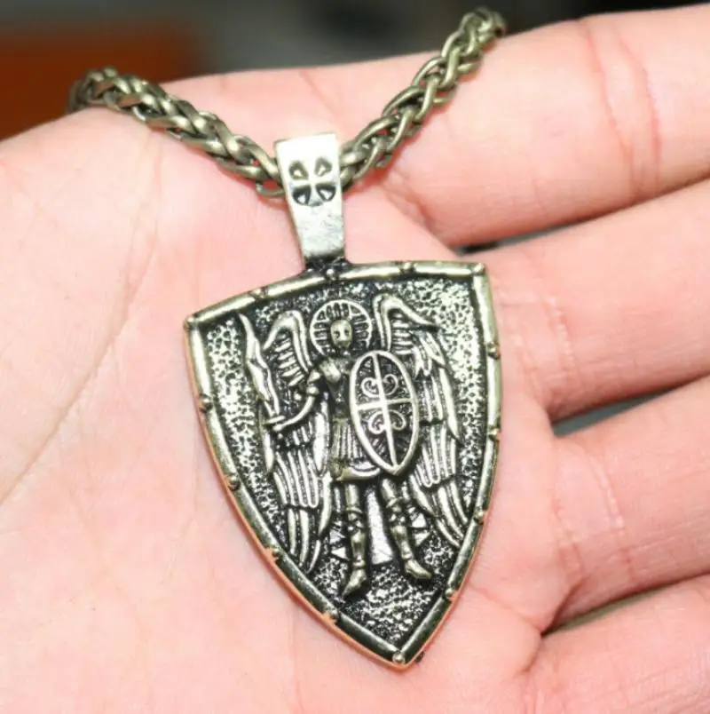 

Nostalgia Angel Shield Necklace Men Viking Warrior Archangel Michael Protection Amulet Russian Orthodox Cross Pendant Jewelry