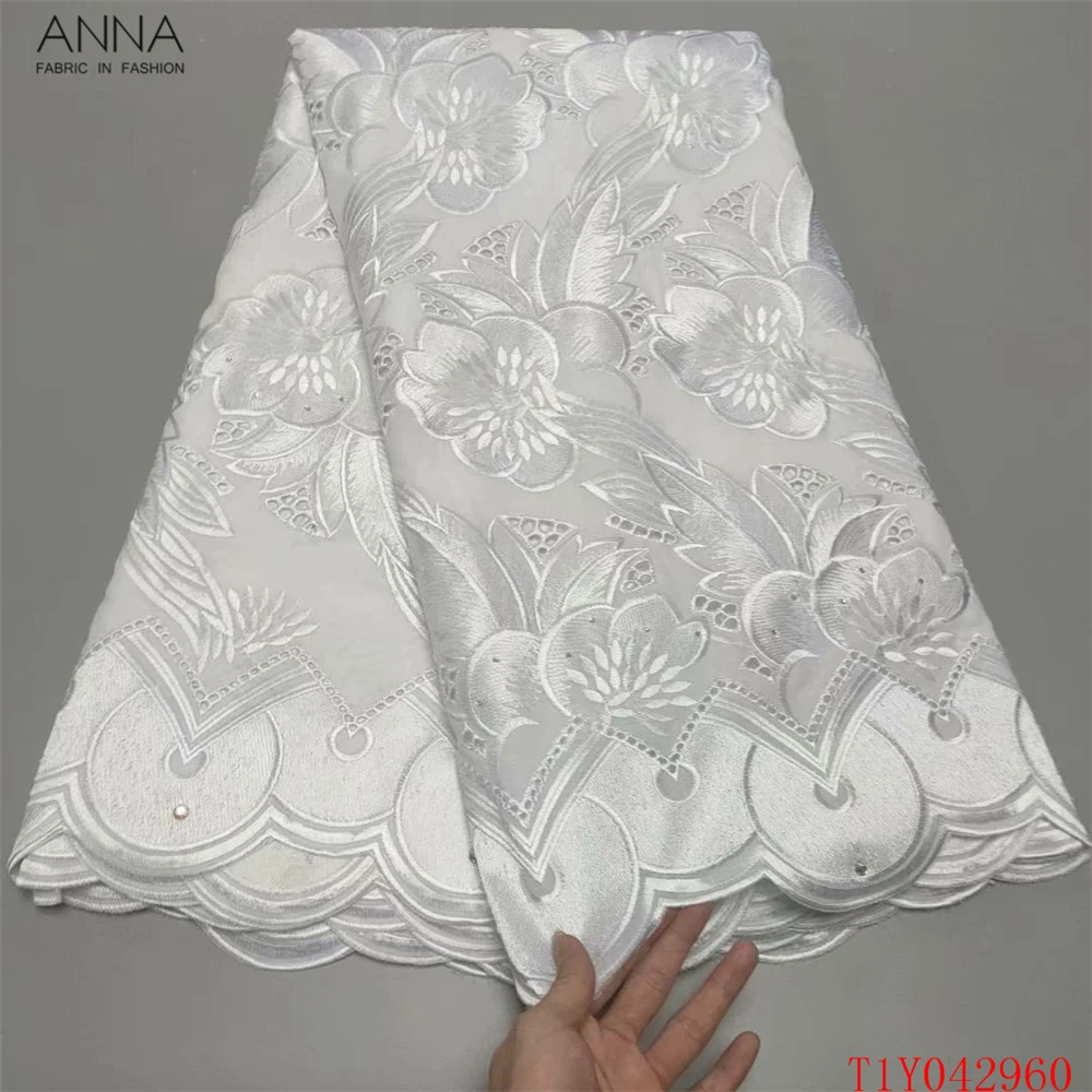 

Anna high quality cotton swiss voile lace fabric embroidery with rhinestones and stones soft african dry laces for weeding dress