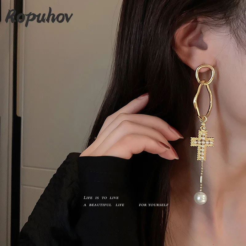 

Ropuhov 2021 New 925 Silvery Needle Korean Pearl Cross Tassel Geometric European Long Temperament Retro High Sense Earrings