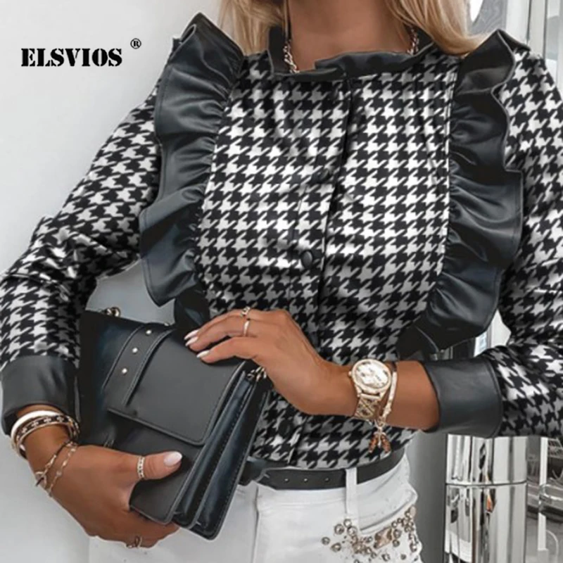 

Fashion Black Plaid Print Autumn Winter Women Blouses Casual Cardigan Ruffled Collar PU Leather Shirt Elegant Slim Office Blouse