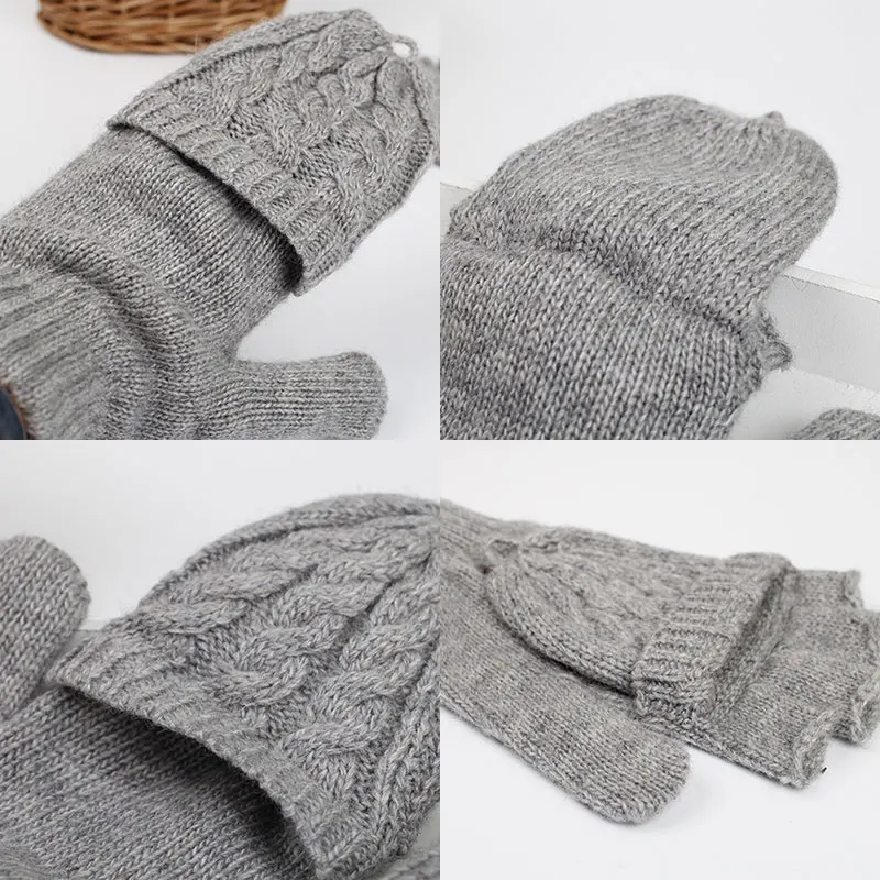Женские и мужские однотонные зимние вязаные перчатки с откидной крышкой теплые