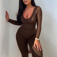summer women activewear outfit black long sleeve v neck bodycon jumpsuit female brown lastic overalls jumpsuit