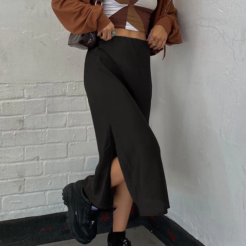 

Vintage Split Long Skirt Women Spring Y2k Fashion Straight Satin High Waist Skirts Summer Outfits Casual Aesthetic 2021