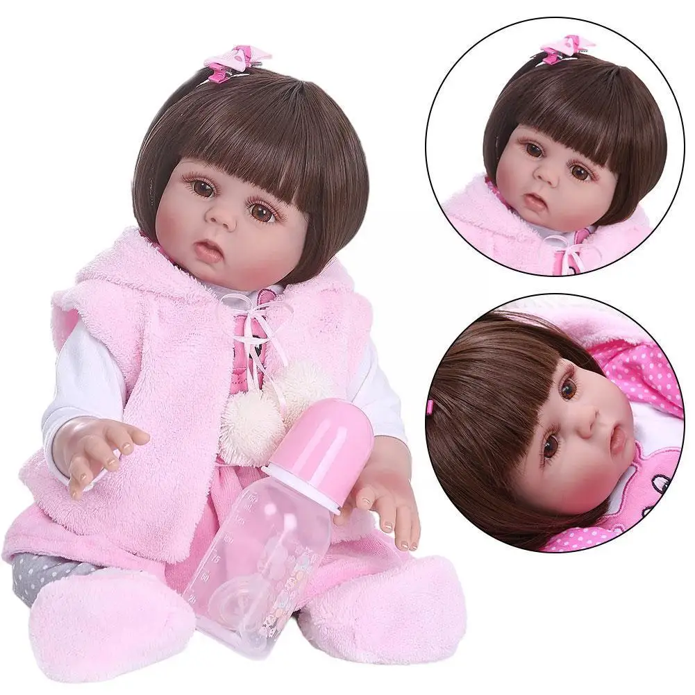 

18 Inch 49cm Straight Hair Rebirth Dolls Rebirth Toddler Girl Set Bunny Pink Dress X4F7